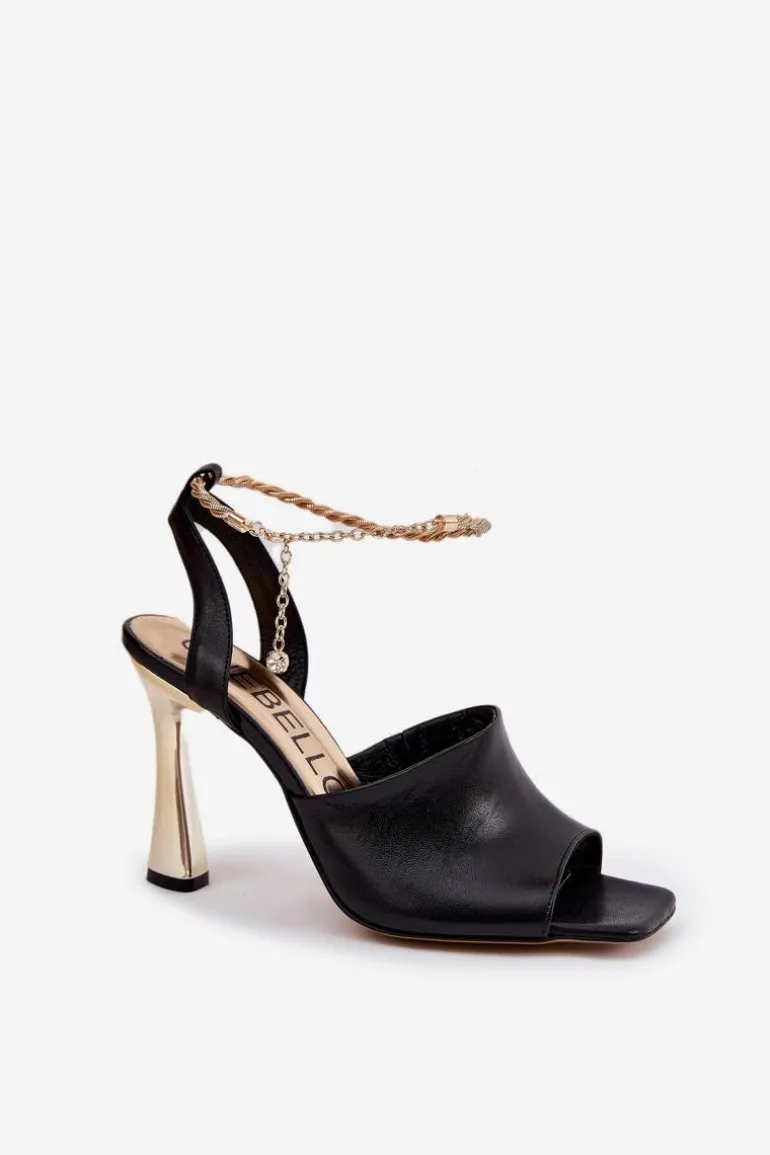 Skórzane Sandały Na Szpilce Z Ozdobną Bransoletą CheBello 4440 Czarne