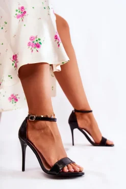 Skórzane Sandały Na Szpilce Wężowe Czarne Liberty