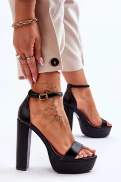 Skórzane Sandały Na Wysokim Słupku I Platformie Czarne Sky Dream