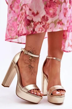 Skórzane Sandały Na Wysokim Słupku I Platformie Złote Sky Dream