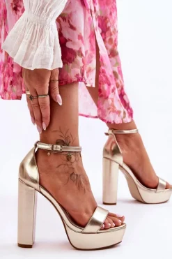 Skórzane Sandały Na Wysokim Słupku I Platformie Złote Sky Dream