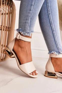 Skórzane Sandały Na Złotym Obcasie Laura Messi 2143 Beżowe