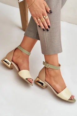 Skórzane Sandały Na Złotym Obcasie Laura Messi 2143 Beżowe