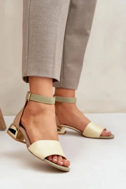 Skórzane Sandały Na Złotym Obcasie Laura Messi 2143 Beżowe