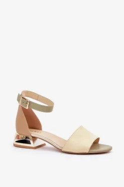 Skórzane Sandały Na Złotym Obcasie Laura Messi 2143 Beżowe