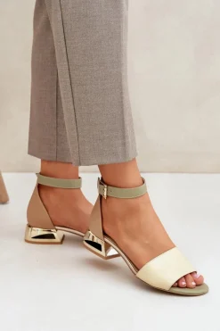 Skórzane Sandały Na Złotym Obcasie Laura Messi 2143 Beżowe