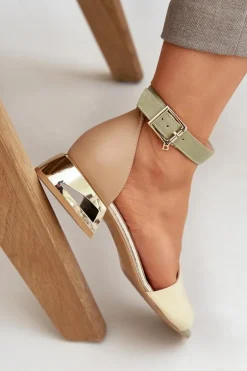 Skórzane Sandały Na Złotym Obcasie Laura Messi 2143 Beżowe