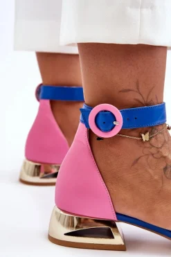 Skórzane Sandały Na Złotym Obcasie Laura Messi 2143 Różowo-Niebieskie