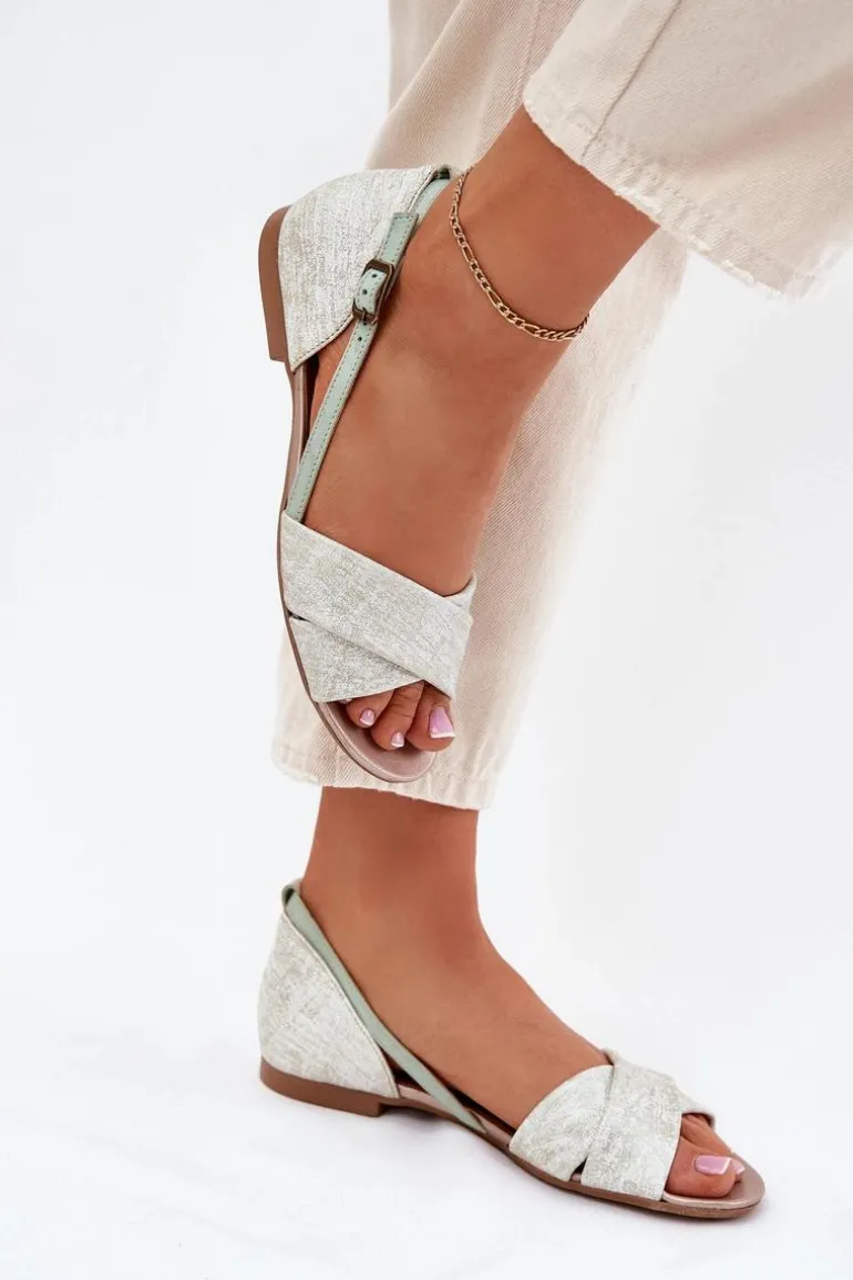 Skórzane Sandały Płaskie Maciejka 04614-46 Miętowe