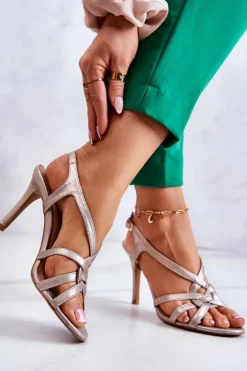 Skórzane Sandały Szpilki Laura Messi 2002 Beżowo-Złote