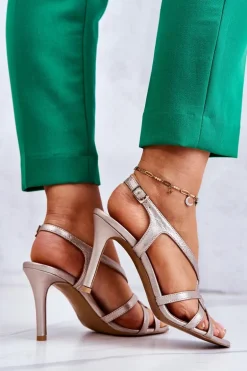 Skórzane Sandały Szpilki Laura Messi 2002 Beżowo-Złote