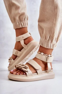 Skórzane Sandały Z Łańcuchem La.Fi Beżowe Alissia
