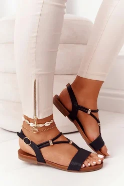 Skórzane Sandały Z Cyrkoniami Czarne Melly