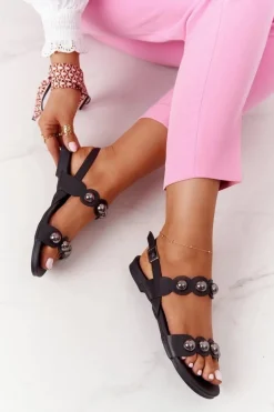 Skórzane Sandały Z Dżetami S.Barski 541-52 Czarne