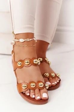 Skórzane Sandały Z Dżetami S.Barski 541-52 Brązowe