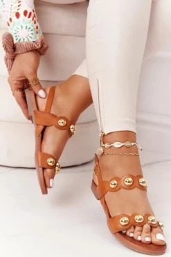 Skórzane Sandały Z Dżetami S.Barski 541-52 Brązowe