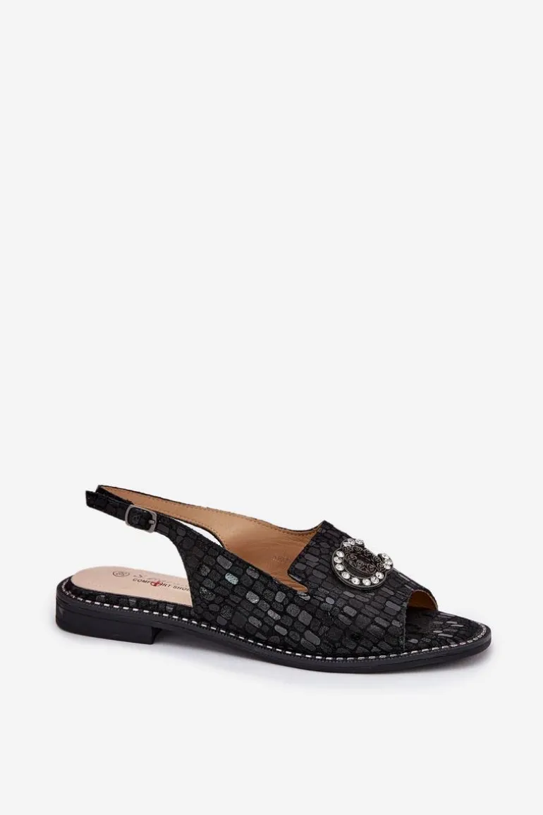 Skórzane Sandały Z Ozdobą Na Płaskim Obcasie S.Barski KV51-096 Czarne