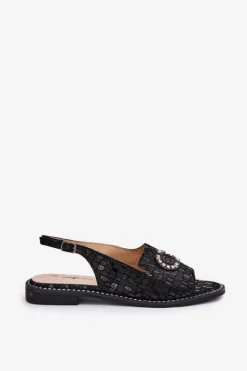 Skórzane Sandały Z Ozdobą Na Płaskim Obcasie S.Barski KV51-096 Czarne