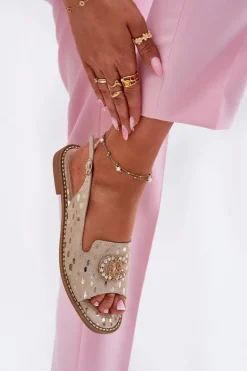 Skórzane Sandały Z Ozdobą Na Płaskim Obcasie S.Barski KV51-096 Złote