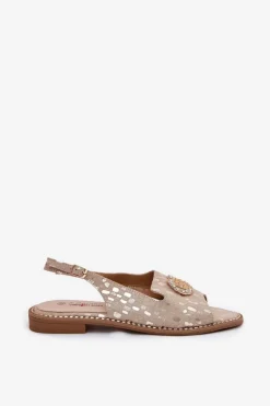 Skórzane Sandały Z Ozdobą Na Płaskim Obcasie S.Barski KV51-096 Złote