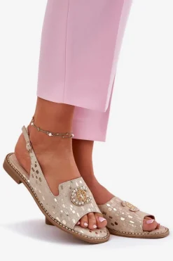 Skórzane Sandały Z Ozdobą Na Płaskim Obcasie S.Barski KV51-096 Złote