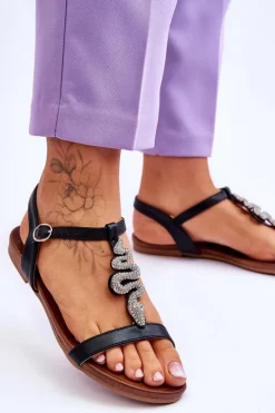 Skórzane Sandały Z Ozdobnym Wężem S.Barski KV-5541-42 Czarne