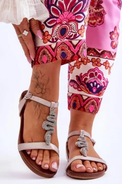 Skórzane Sandały Z Ozdobnym Wężem S.Barski KV-5541-42 Beżowe