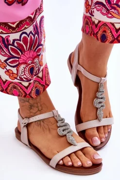 Skórzane Sandały Z Ozdobnym Wężem S.Barski KV-5541-42 Beżowe