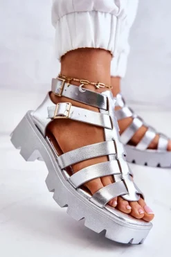 Skórzane Sandały Z Paseczkami Srebrne Minorite