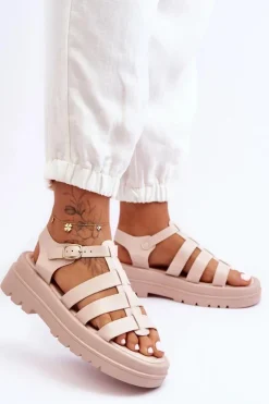 Skórzane Sandały Z Paseczkami Beżowe Colet