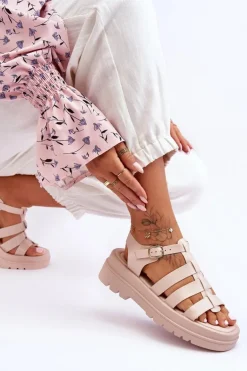 Skórzane Sandały Z Paseczkami Beżowe Colet