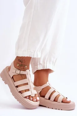 Skórzane Sandały Z Paseczkami Beżowe Colet