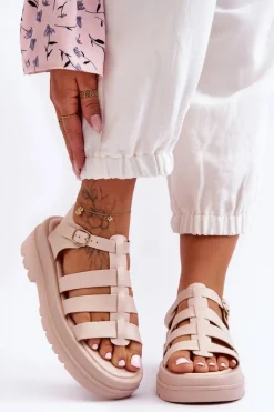 Skórzane Sandały Z Paseczkami Beżowe Colet