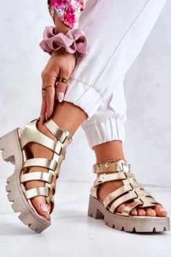 Skórzane Sandały Z Paseczkami Złote Minorite