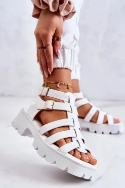 Skórzane Sandały Z Paseczkami Białe Minorite