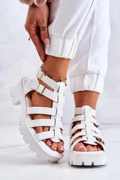 Skórzane Sandały Z Paseczkami Białe Minorite