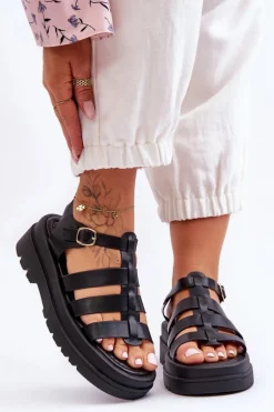 Skórzane Sandały Z Paseczkami Czarne Colet