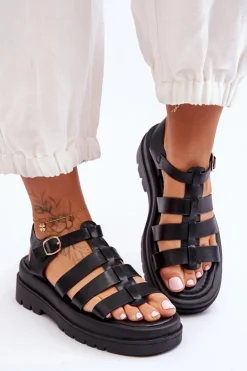 Skórzane Sandały Z Paseczkami Czarne Colet