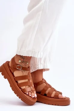 Skórzane Sandały Z Paseczkami Brązowe Colet