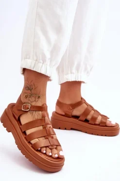 Skórzane Sandały Z Paseczkami Brązowe Colet