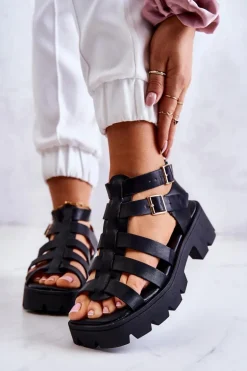 Skórzane Sandały Z Paseczkami Czarne Minorite