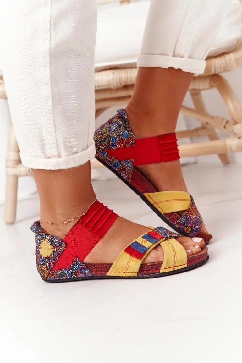 Skórzane Sandały Ze Ściągaczem Maciejka 03375 Czerwono-Żółte