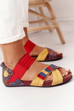 Skórzane Sandały Ze Ściągaczem Maciejka 03375 Czerwono-Żółte