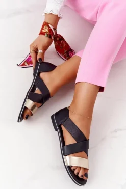 Skórzane Sandały Ze Ściągaczem Złoto-Czarne Apulia