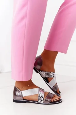 Skórzane Sandały Ze Ściągaczem Srebrne Apulia