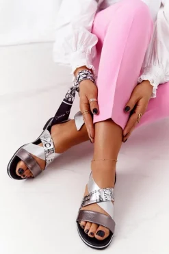 Skórzane Sandały Ze Ściągaczem Srebrne Apulia