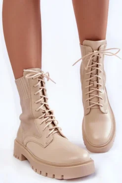Skórzane Skarpetkowe Botki Sznurowane Jasnobeżowe Riston