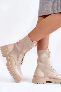 Skórzane Skarpetkowe Botki Sznurowane Jasnobeżowe Riston