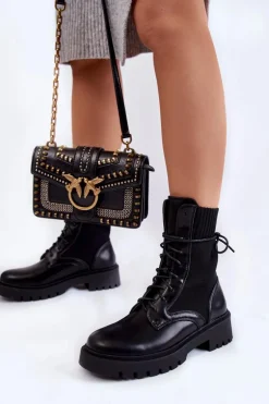 Skórzane Skarpetkowe Botki Sznurowane Czarne Riston