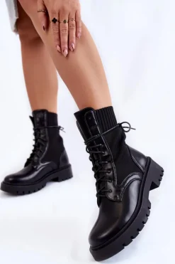Skórzane Skarpetkowe Botki Sznurowane Czarne Riston